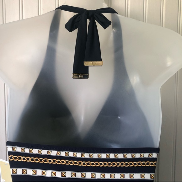 MICHAEL KORS Retail $114 Navy Halter One Piece Swimsuit Chain Border Size 6 - Picture 5 of 6